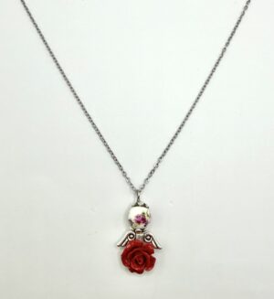 Collana in acciaio con rosa rossa e ceramica